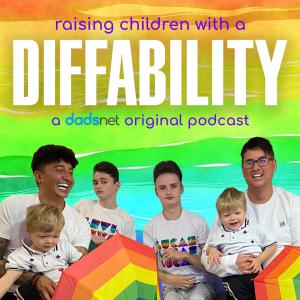 Podcast cover for Diffability, a Dadsnet original podcast. Paul and Michael pose with their two sets of twins in front of a rainbow background. 